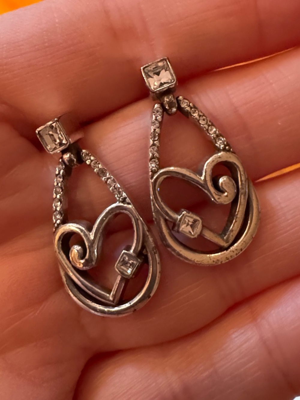 Brighton Silver Heart Drop Earrings with Clear Crystals